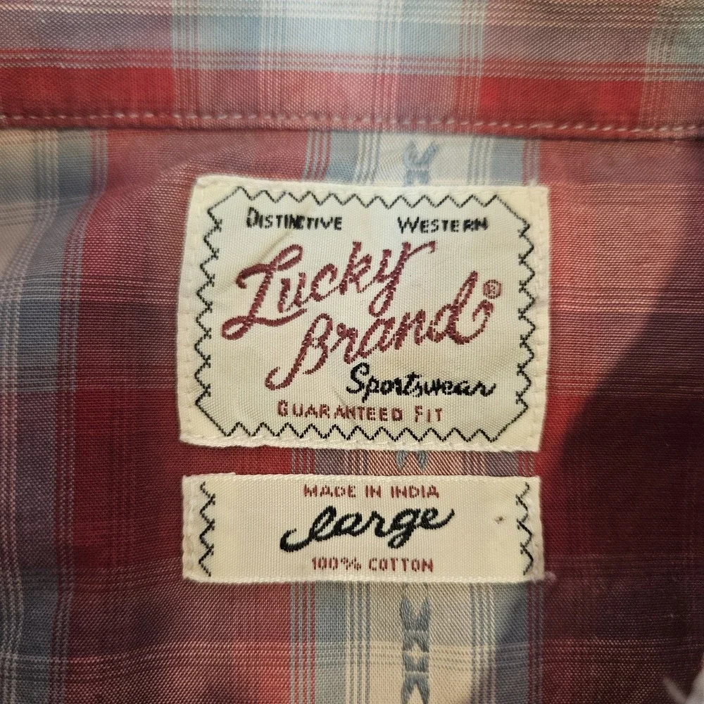Lucky Brand Dungarees  Mens Pearlsnap Plaid L/S Shirt Size Large Red Western